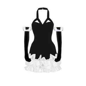 Black and White Halter Dress with Ruffle Hem